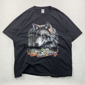 Vintage 90's Delta Pro Weight Grey Wolf Graphic Tshirt Mens 2XL Black Nature Tee